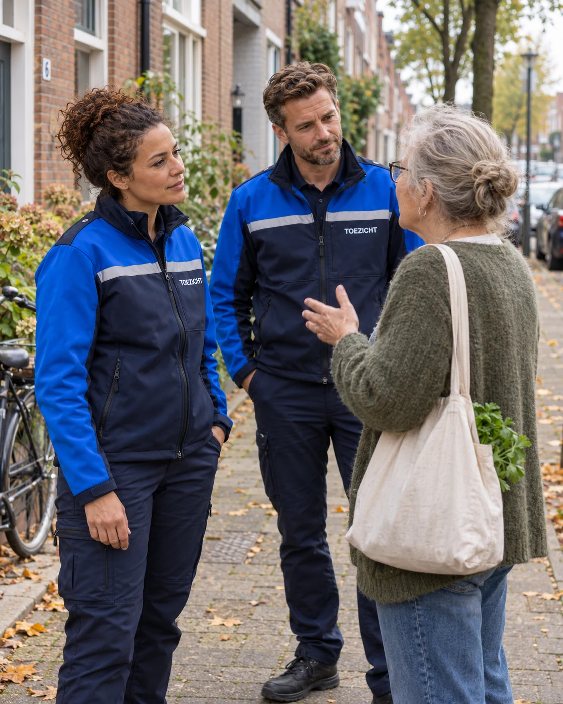 AI-concept: twee toezichthouders in blauwe kleding in gesprek met een bewoner